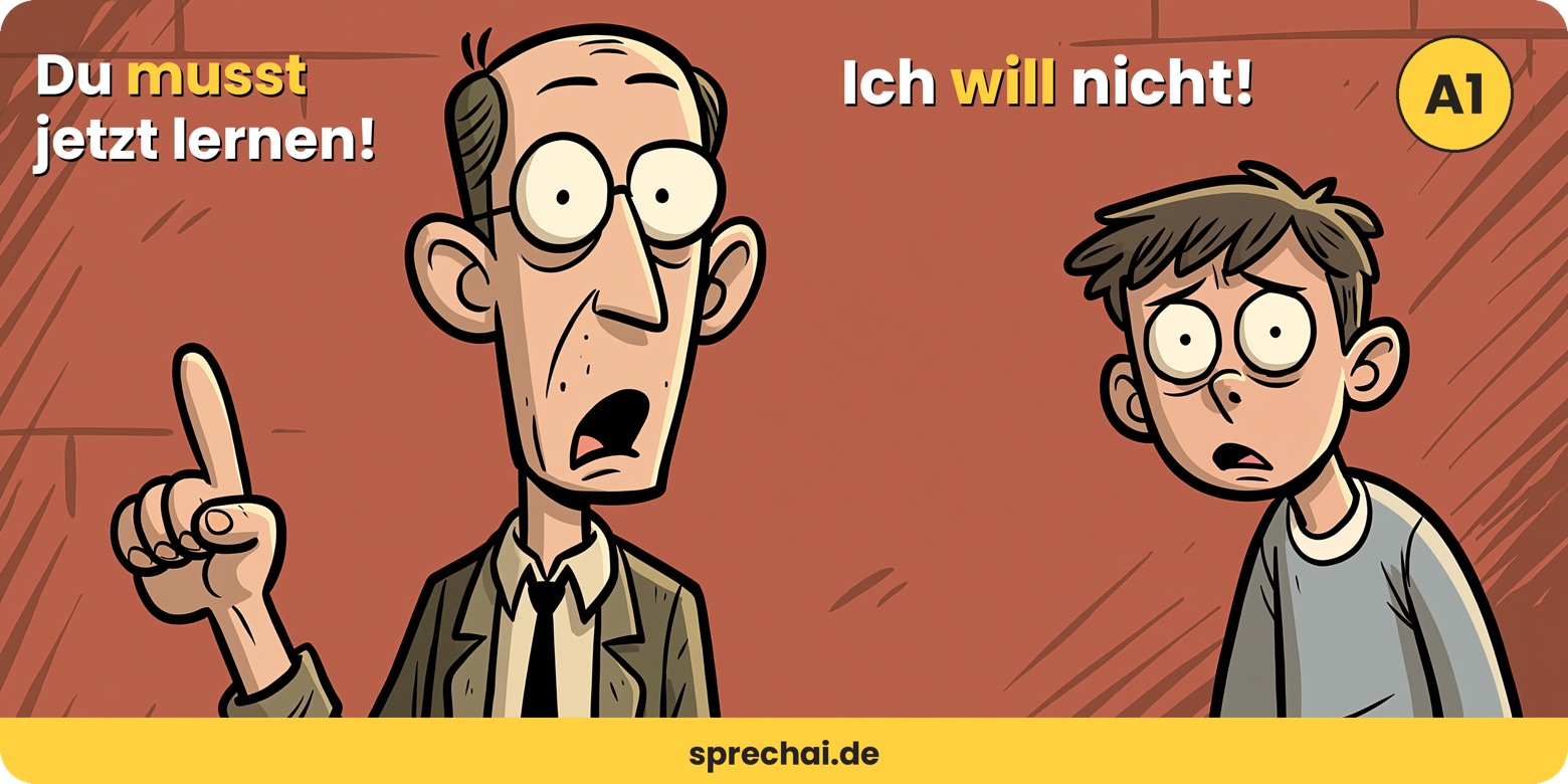 Батько: «Du musst jetzt lernen!» — Син: «Ich will nicht!» Приклад різниці між müssen і wollen